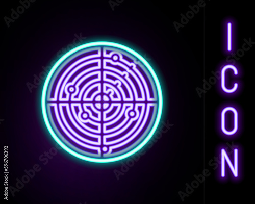 Glowing neon line Radar with targets on monitor in searching icon isolated on black background. Military search system. Navy sonar. Colorful outline concept. Vector