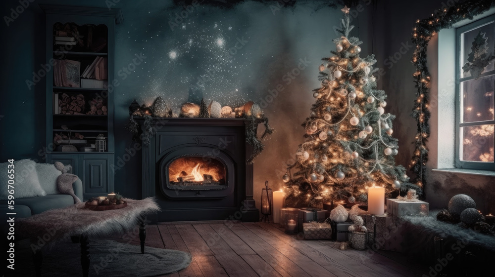 Festlich geschmücktes Weihnachts Wohnzimmer mit Kamin und Weihnachtsbaum