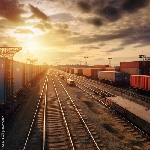 Global business of Container Cargo freight train for Business logistics concept, Air cargo trucking, Rail transportation and maritime shipping. generative ai