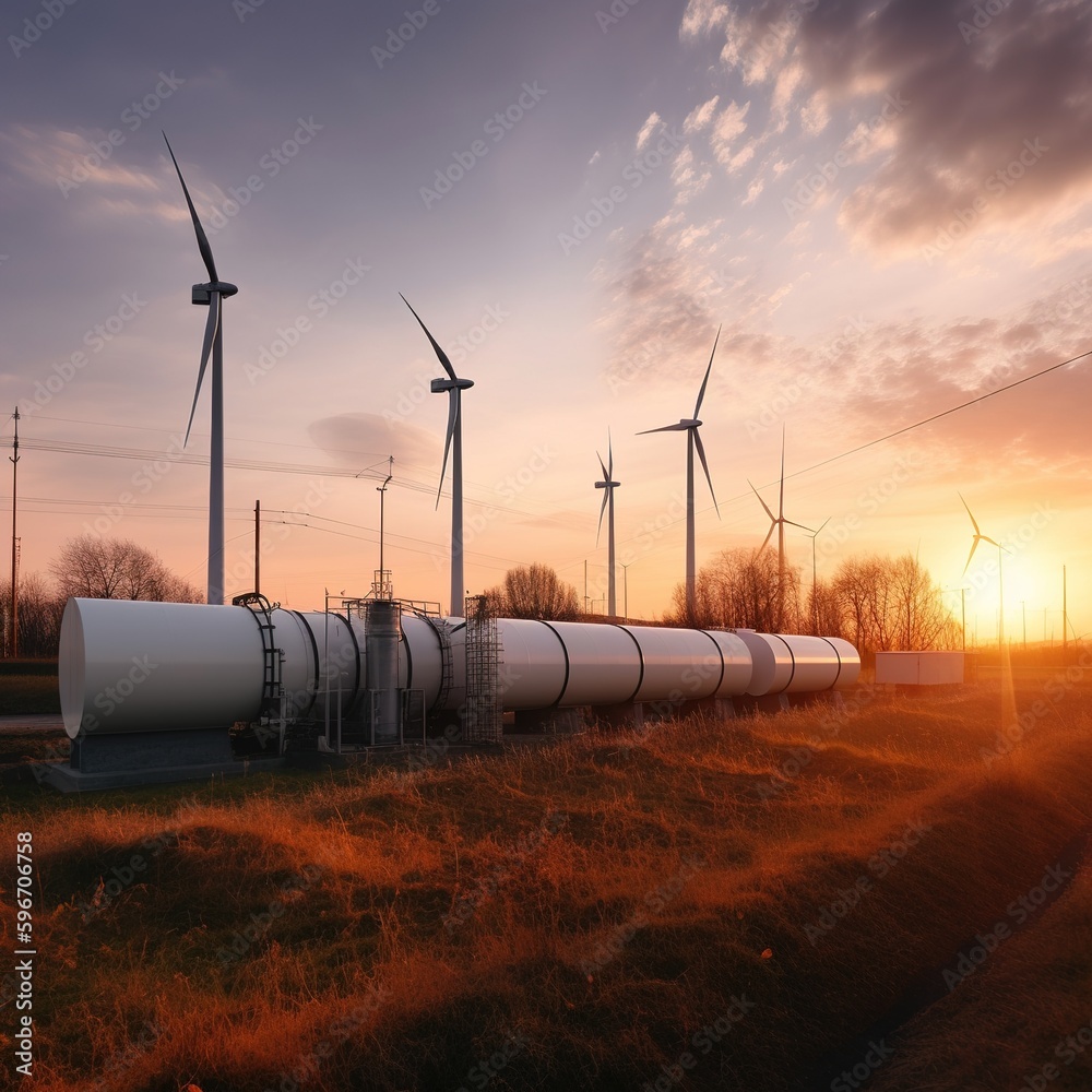 Hydrogen pipeline with manometer and wind turbine power plants in the