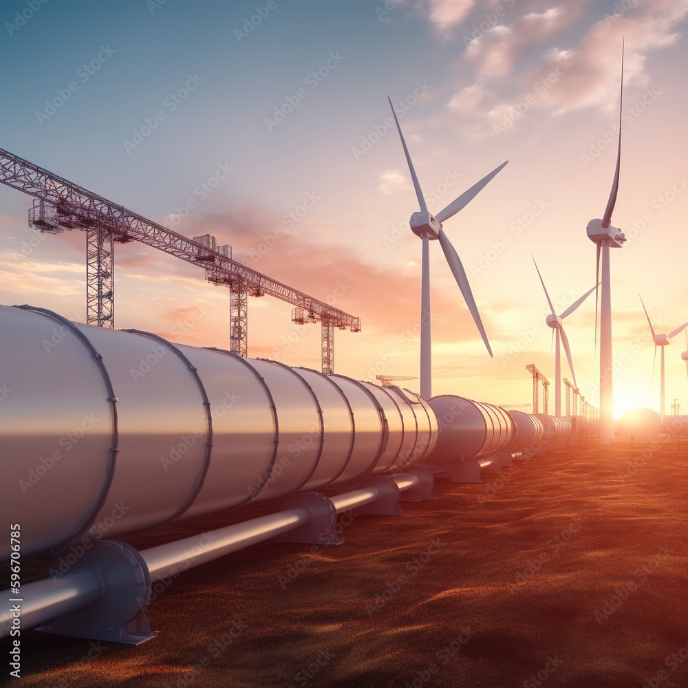 Hydrogen pipeline with manometer and wind turbine power plants in the