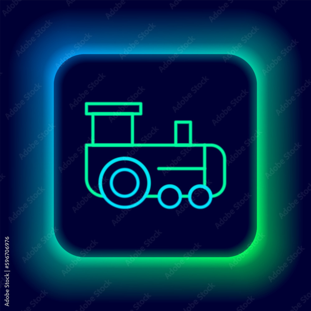 Glowing neon line Toy train icon isolated on black background. Colorful outline concept. Vector Glowing neon line Toy train icon isolated on black background. Colorful outline concept. Vector