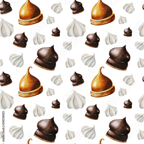 Watercolor seamless pattern with meringue, chocolate marshmallows, orange souffle. Hand painting sweet on a white isolated background. For designers, menu, shop, bar, bistro, restaurant, for postcards