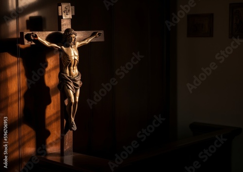 Close up of Jesus Christ on the wooden cross in the church. Generative AI.