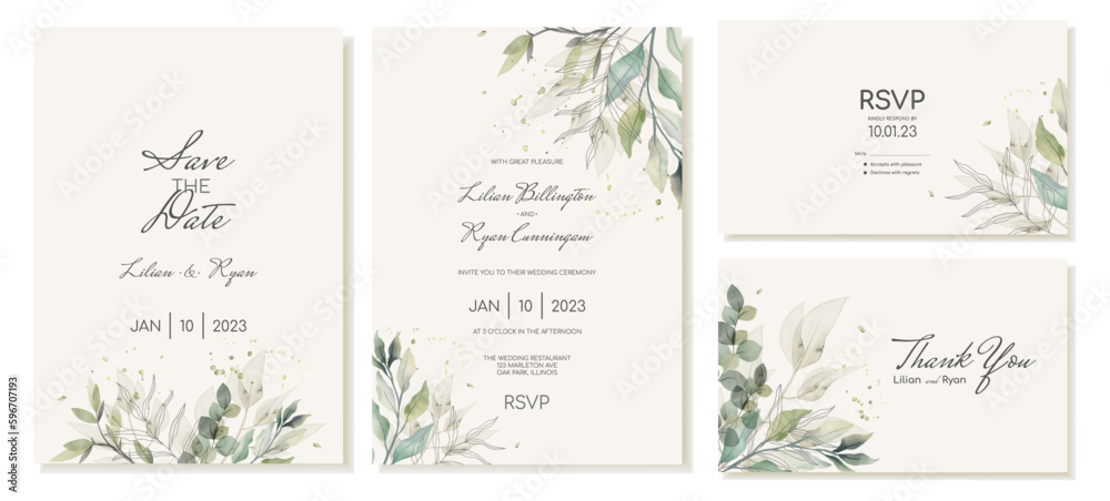 Set of rustic wedding invitation and thank you card templates with green leaves, eucalyptus and branches. Vector