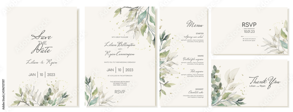 A set of rustic wedding cards with green leaves and branches. Wedding invitations, thank you cards and menus in watercolor style. Vector