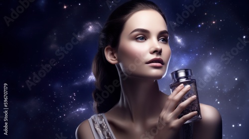 A Woman is holding a beauty skin care cosmetics product. Concept of perfume fragrance. Generative AI.
