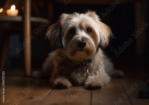 Portrait of a small Yorkshire terrier dog in the house. Generative AI.