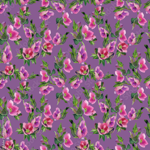 Watercolor hand drawn hellebore flower and anemone seamless pattern. Spring pink blossoms on violet background. Botanical design for textile print  decore  packaging  wrapping paper. Floral ornament.