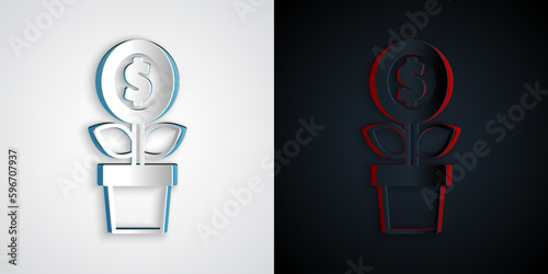 Paper cut Dollar plant icon isolated on grey and black background. Business investment growth concept. Money savings and investment. Paper art style. Vector