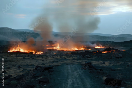 Dry, Barren Landscape With Smoke And Flames. Generative AI