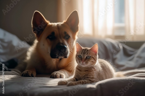 Dog And Kitten Lying On The Bed. Generative AI © Anastasiia
