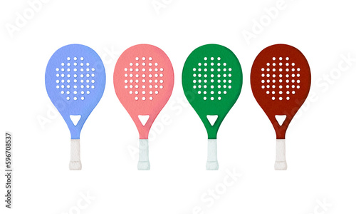 Set of padel rackets of different colors isolated on the white background. Paddle club concept