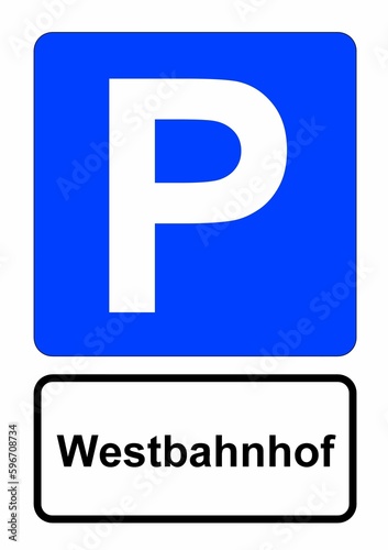 Illustration eines blauen Parkplatzschildes mit der Aufschrift "Westbahnhof" 