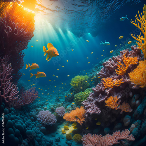 Underwater  photography   coral reef in Great Barrier Reef. The reef is teeming with life  with colorful fish  coral  and other marine creatures. sun is shining  and water is crystal clear. Ai.