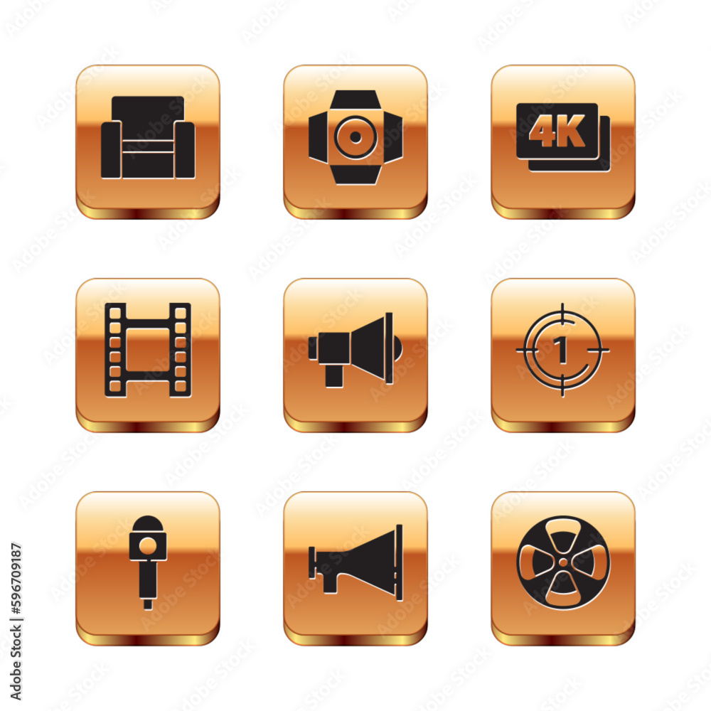 Set Cinema chair, Microphone, Megaphone, Play Video, 4k Ultra HD, Film reel and Movie spotlight icon. Vector Set Cinema chair, Microphone, Megaphone, Play Video, 4k Ultra HD, Film reel and Movie spotlight icon. Vector