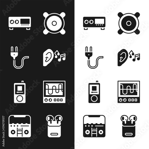 Set Ear listen sound signal, Electric plug, Guitar amplifier, Stereo speaker, Music player, Oscilloscope, Air headphones in box and Home stereo with speakers icon. Vector