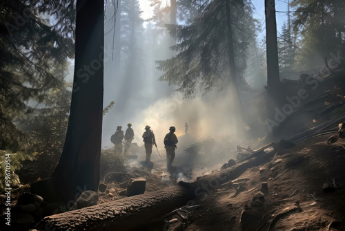 Leinwand Poster Forested Area With Smoke And Firefighters. Generative AI