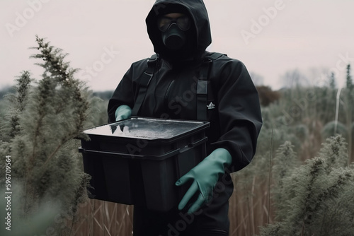 Generative AI image of male gardener in gas mask and black protective costume standing with black container in cannabis plantation photo