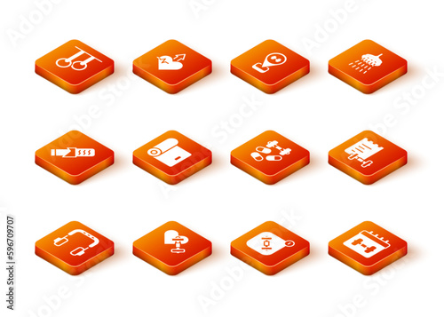 Set Headphones, Dumbbell with heart, Protein sport bar, Fitness mat roll, app, Sports doping dumbbell, Calendar fitness and training program icon. Vector