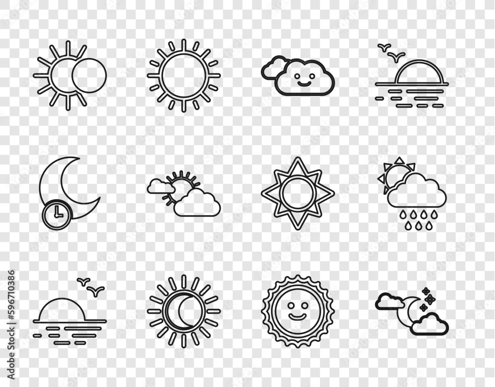 Set line Sunset, Cloud with moon and stars, Eclipse of the sun, cloud weather, and rain icon. Vector