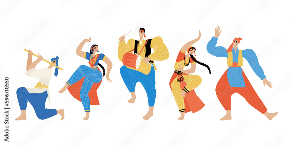 Men and women dance and play musical instruments. People in traditional Indian clothes Men and women dance and play musical instruments. People in traditional Indian clothes