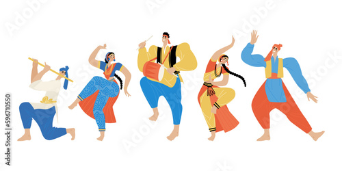 Men and women dance and play musical instruments. People in traditional Indian clothes
