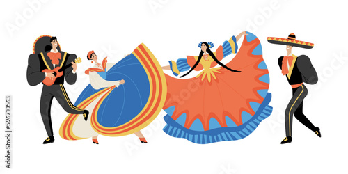 Men and women dance in traditional Mexican clothing. Musician with a guitar. Collection of vector illustrations