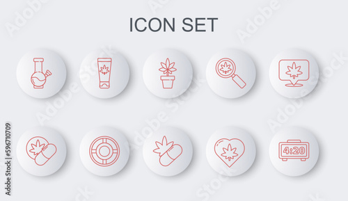 Set line Digital alarm clock, Herbal ecstasy tablets, Marijuana or cannabis plant, leaf in heart, Glass bong for smoking marijuana, Medical cream with, Ashtray and pills icon. Vector