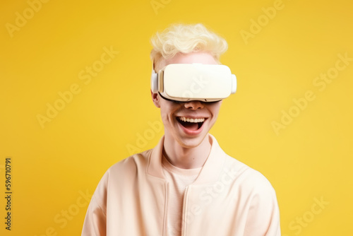Generative AI image of cheerful young guy in VR goggles smiling while standing against yellow background and enjoying simulated environment with immerse experience photo