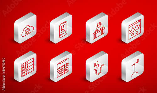 Set line Microphone with stand, Music player, DJ playing music, Oscilloscope, Electric plug, streaming service, Home stereo speakers and playlist icon. Vector
