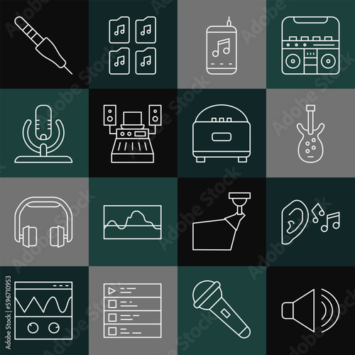 Set line Speaker volume, Ear listen sound signal, Electric bass guitar, Music player, recording studio, Microphone, Audio jack and Stereo speaker icon. Vector