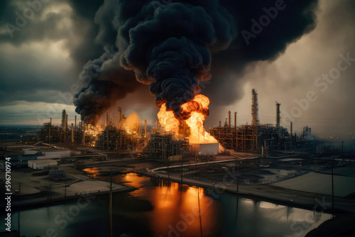 Refinery With Large Explosion And Smoke. Generative AI