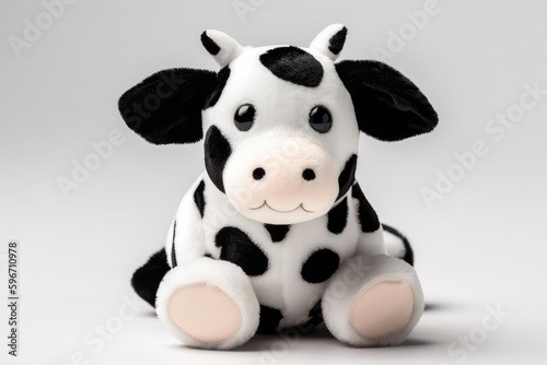 White And Black Cow Plush Toy On White Background  In The Style Of Barnyard Animals And Cute Designs. Generative AI