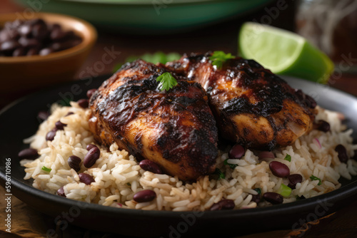 Spicy Jerk Chicken With Rice And Peas. Generative AI
