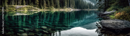 Serene Mountain Lake With Reflections. Earth Day. Generative AI © Anastasiia