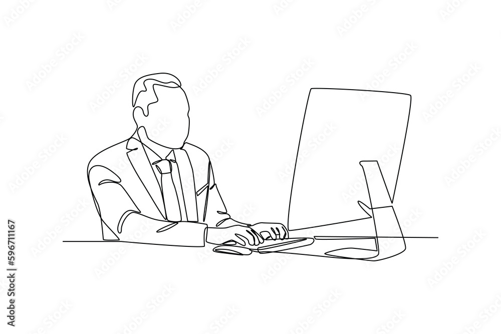 Continuous one line drawing Bank worker sitting at desk with computer. Banking concept. Single line draw design vector graphic illustration. Continuous one line drawing Bank worker sitting at desk with computer. Banking concept. Single line draw design vector graphic illustration.