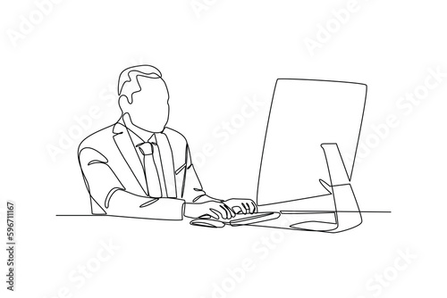 Continuous one line drawing Bank worker sitting at desk with computer. Banking concept. Single line draw design vector graphic illustration.