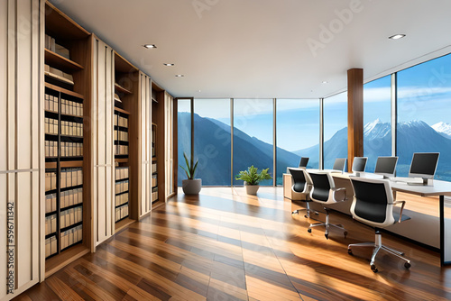 Schönes Büro mit viel Licht und einem Ausblick aus dem Fenster auf die Berge