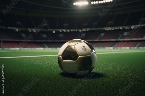 A football on a green field in a stadium. Generative AI © Aeris