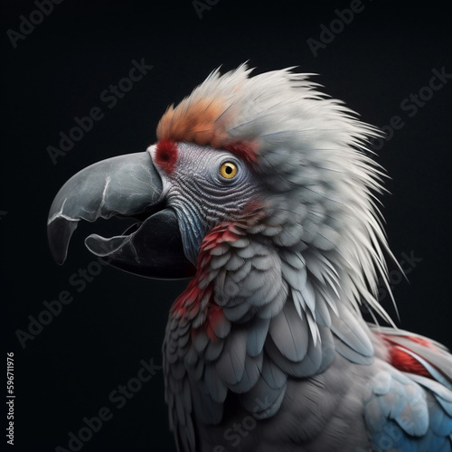 Striking close-up of a parrot’s head on a black background - Vibrant red, blue and orange bird feathers with a curious expression - Spix's macaw, scarlet macaw or a red-and-green macaw. Generative AI. photo