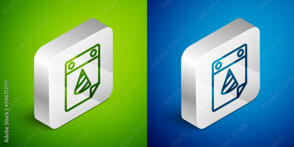 Isometric line Calendar party icon isolated on green and blue background. Event reminder symbol. Silver square button. Vector Isometric line Calendar party icon isolated on green and blue background. Event reminder symbol. Silver square button. Vector