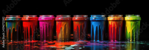 Colorful paint leaking down on wall of metal bucket. Isolated over black background. Generative AI