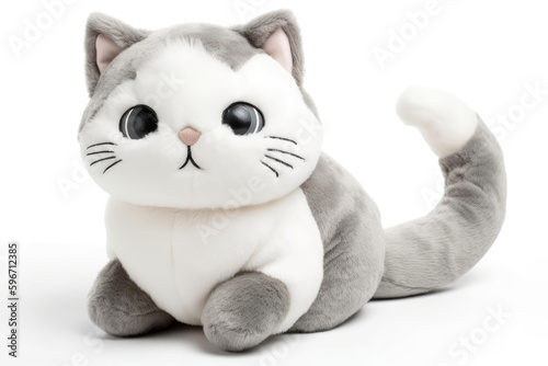 White And Gray Cat Plush Toy On White Background, In The Style Of Gentle And Calming Designs. Generative AI © Anastasiia