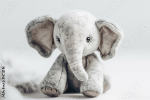White And Gray Elephant Stuffed Animal On White Background, In The Style Of Gentle And Calming Textures. Generative AI