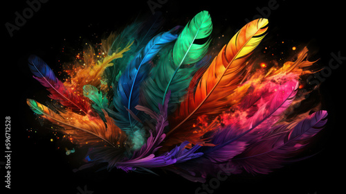 Flexible fantasy colorful multicolor feathers on black background .background wallpaper. 