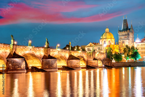 charming evening city landscape over the Vltava river in the old city of Prague, Czech Republic