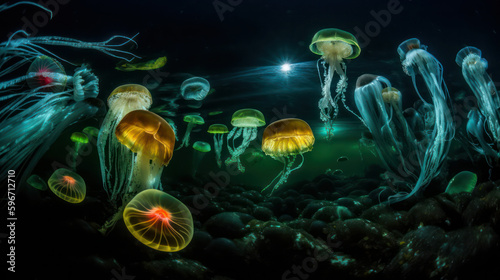 Glowing jellyfish swim deep in the blue sea. Jellyfish neon jellyfish fantasy on black background. Generative AI © Margo_Alexa