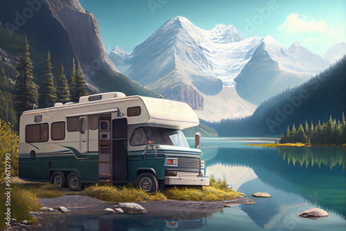 Caravan in the in the beautiful forest. Camper van motor home design concept. Car traveling illustration. Freedom vacation travel