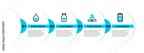 Set line Online buying marijuana, Planting, Medical bottle with and Marijuana or cannabis leaf oil icon. Vector